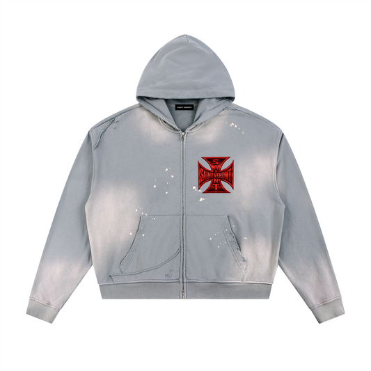 Sun Fade Frayed Raw Edge Fleece Zip Hoodie